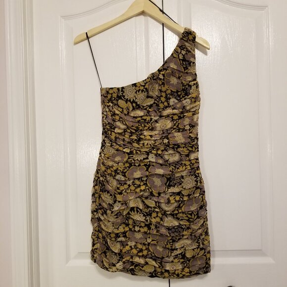 NWT Zara One Shoulder Dress Gold Pleated Floral Mini Ruched Bodycon Formal Dress - Picture 2 of 16